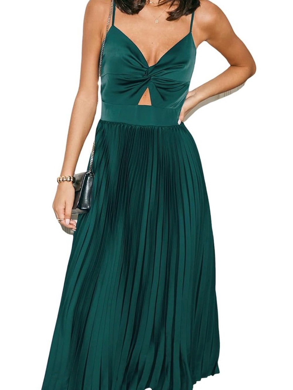 Green Midi Dress with Peephole Cutout and Pleated Skirt